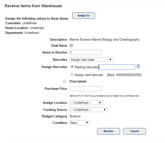 Receive items from warehouse without barcodes. 